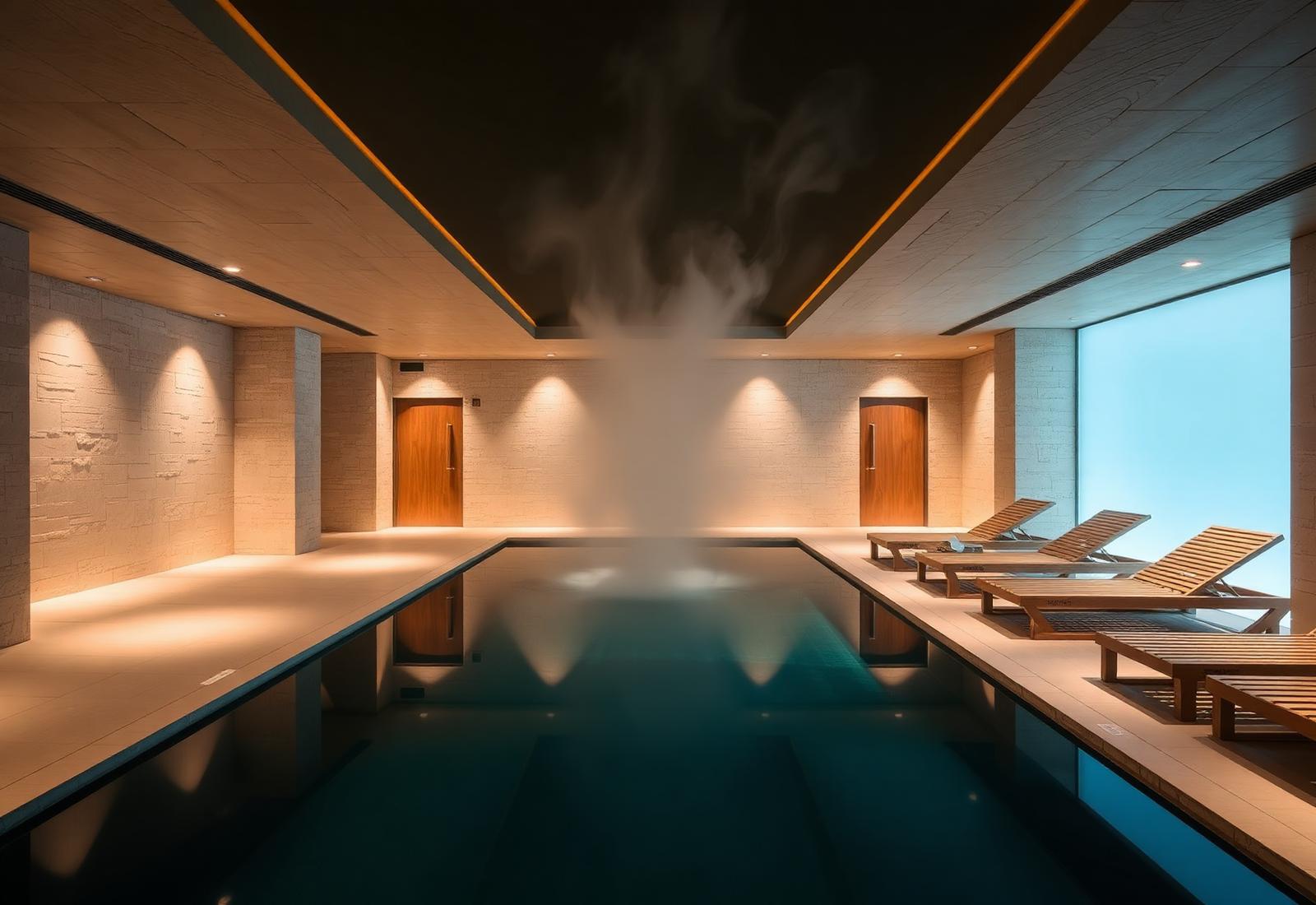 Contemporary indoor wellness pool with warm ambient lighting